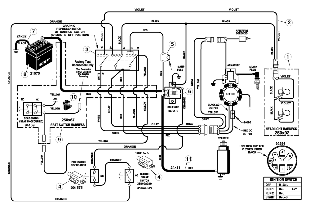 Electrical System Diagram and Parts List for 425640X50A 2005 Briggs and Stratton Lawn Tractor